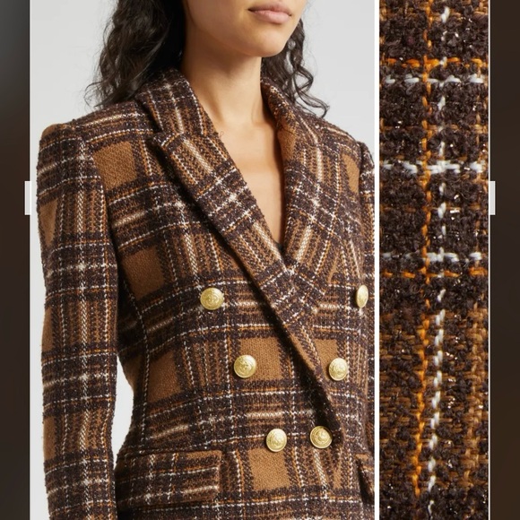 L'AGENCE Kenzie Plaid Tweed Double-Breasted Blazer in Brown / Gold Size 6 - Picture 8 of 15